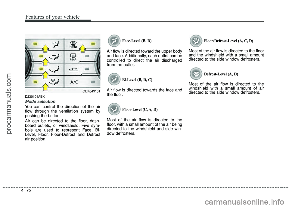 HYUNDAI COUPE 2012 Owners Manual Features of your vehicle
72
4
D230101ABK
Mode selection
You can control the direction of the air
flow through the ventilation system by
pushing the button.
Air can be directed to the floor, dash-
boar HYUNDAI COUPE 2012 Owners Manual Features of your vehicle
72
4
D230101ABK
Mode selection
You can control the direction of the air
flow through the ventilation system by
pushing the button.
Air can be directed to the floor, dash-
boar