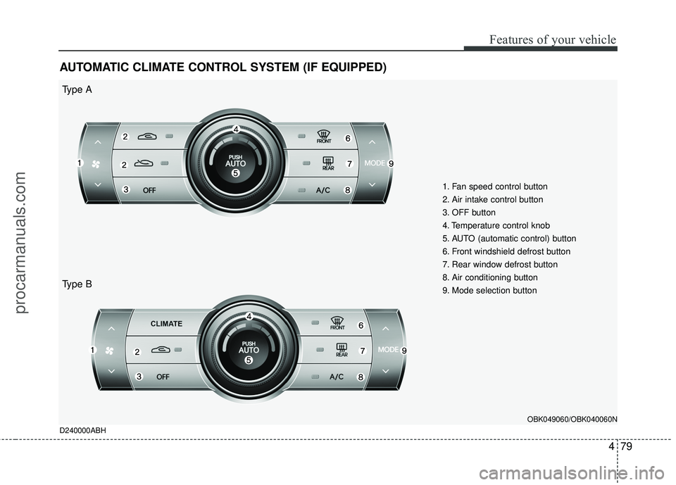 HYUNDAI COUPE 2012 Owners Manual 479
Features of your vehicle
AUTOMATIC CLIMATE CONTROL SYSTEM (IF EQUIPPED)
1. Fan speed control button
2. Air intake control button
3. OFF button
4. Temperature control knob
5. AUTO (automatic contro HYUNDAI COUPE 2012 Owners Manual 479
Features of your vehicle
AUTOMATIC CLIMATE CONTROL SYSTEM (IF EQUIPPED)
1. Fan speed control button
2. Air intake control button
3. OFF button
4. Temperature control knob
5. AUTO (automatic contro