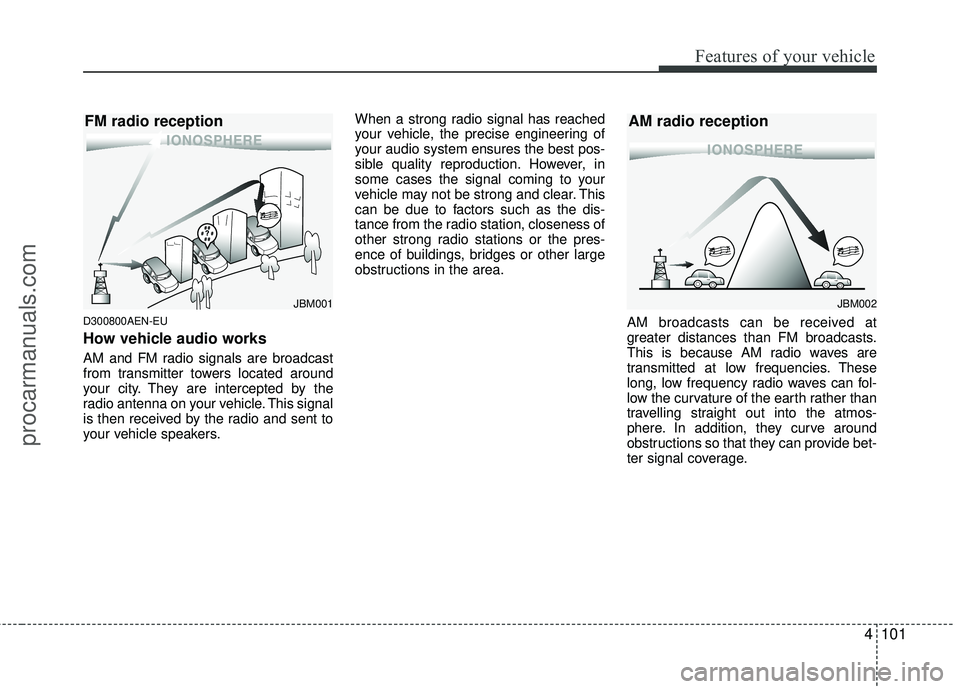 HYUNDAI COUPE 2012 Owners Manual 4101
Features of your vehicle
D300800AEN-EU
How vehicle audio works
AM and FM radio signals are broadcast
from transmitter towers located around
your city. They are intercepted by the
radio antenna on HYUNDAI COUPE 2012 Owners Manual 4101
Features of your vehicle
D300800AEN-EU
How vehicle audio works
AM and FM radio signals are broadcast
from transmitter towers located around
your city. They are intercepted by the
radio antenna on