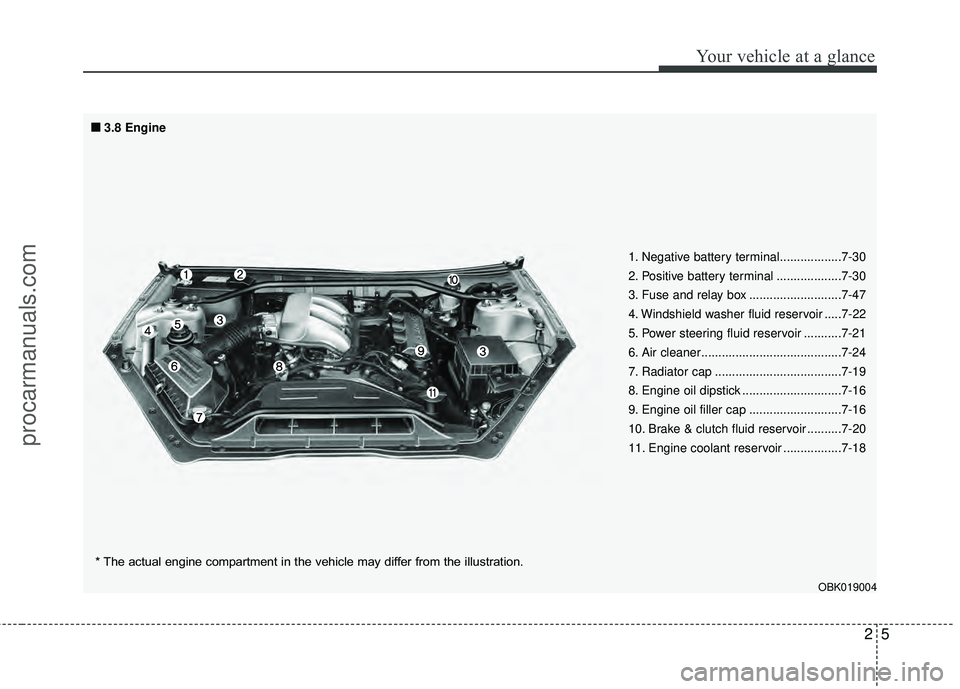 HYUNDAI COUPE 2012 User Guide 25
Your vehicle at a glance
1. Negative battery terminal..................7-30
2. Positive battery terminal ...................7-30
3. Fuse and relay box ...........................7-47
4. Windshield 