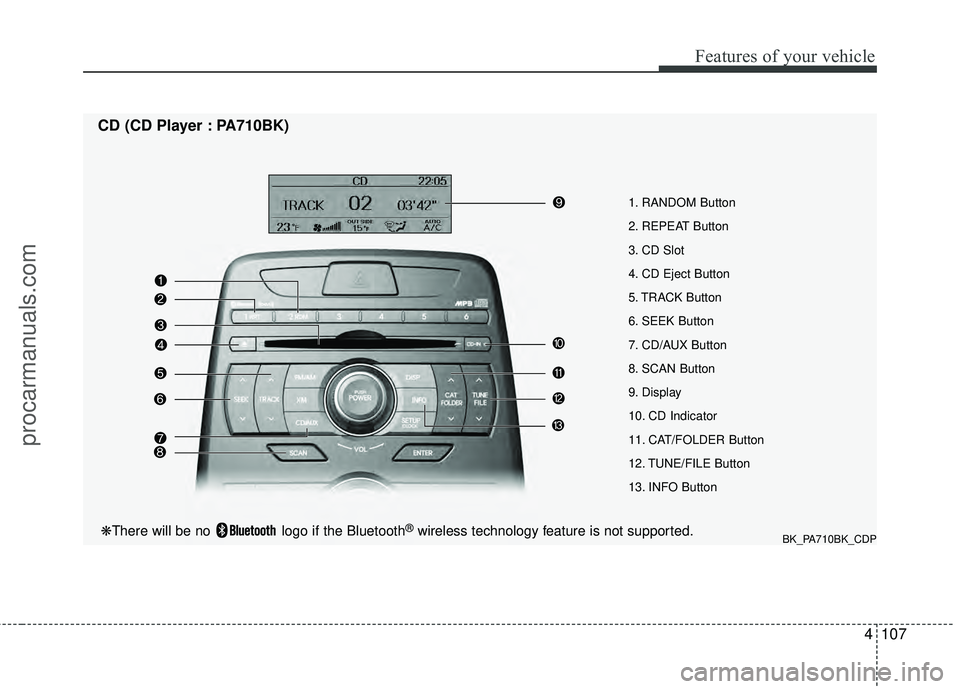 HYUNDAI COUPE 2012 Owners Manual 4107
Features of your vehicle
1. RANDOM Button
2. REPEAT Button
3. CD Slot
4. CD Eject Button
5. TRACK Button
6. SEEK Button
7. CD/AUX Button
8. SCAN Button
9. Display
10. CD Indicator
11. CAT/FOLDER HYUNDAI COUPE 2012 Owners Manual 4107
Features of your vehicle
1. RANDOM Button
2. REPEAT Button
3. CD Slot
4. CD Eject Button
5. TRACK Button
6. SEEK Button
7. CD/AUX Button
8. SCAN Button
9. Display
10. CD Indicator
11. CAT/FOLDER