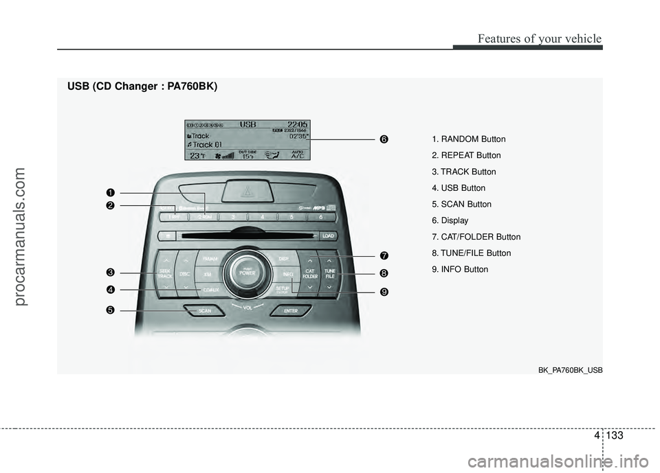 HYUNDAI COUPE 2012 Owners Manual 4133
Features of your vehicle
1. RANDOM Button
2. REPEAT Button
3. TRACK Button
4. USB Button
5. SCAN Button
6. Display
7. CAT/FOLDER Button
8. TUNE/FILE Button
9. INFO Button
USB (CD Changer : PA760 HYUNDAI COUPE 2012 Owners Manual 4133
Features of your vehicle
1. RANDOM Button
2. REPEAT Button
3. TRACK Button
4. USB Button
5. SCAN Button
6. Display
7. CAT/FOLDER Button
8. TUNE/FILE Button
9. INFO Button
USB (CD Changer : PA760