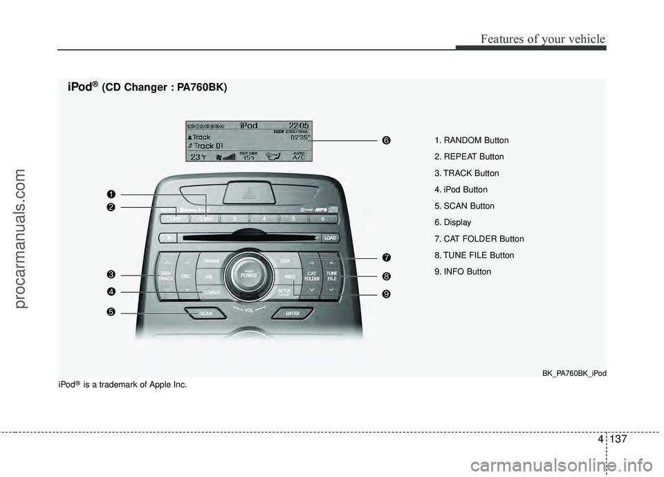 HYUNDAI COUPE 2012 Owners Manual 4137
Features of your vehicle
1. RANDOM Button
2. REPEAT Button
3. TRACK Button
4. iPod Button
5. SCAN Button
6. Display
7. CAT FOLDER Button
8. TUNE FILE Button
9. INFO Button
iPod®(CD Changer : PA HYUNDAI COUPE 2012 Owners Manual 4137
Features of your vehicle
1. RANDOM Button
2. REPEAT Button
3. TRACK Button
4. iPod Button
5. SCAN Button
6. Display
7. CAT FOLDER Button
8. TUNE FILE Button
9. INFO Button
iPod®(CD Changer : PA