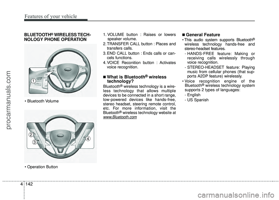 HYUNDAI COUPE 2012 Owners Manual Features of your vehicle
142
4
BLUETOOTH®WIRELESS TECH-
NOLOGY PHONE OPERATION1. VOLUME button : Raises or lowers
speaker volume.
2. TRANSFER CALL button : Places and transfers calls.
3. END CALL but HYUNDAI COUPE 2012 Owners Manual Features of your vehicle
142
4
BLUETOOTH®WIRELESS TECH-
NOLOGY PHONE OPERATION1. VOLUME button : Raises or lowers
speaker volume.
2. TRANSFER CALL button : Places and transfers calls.
3. END CALL but