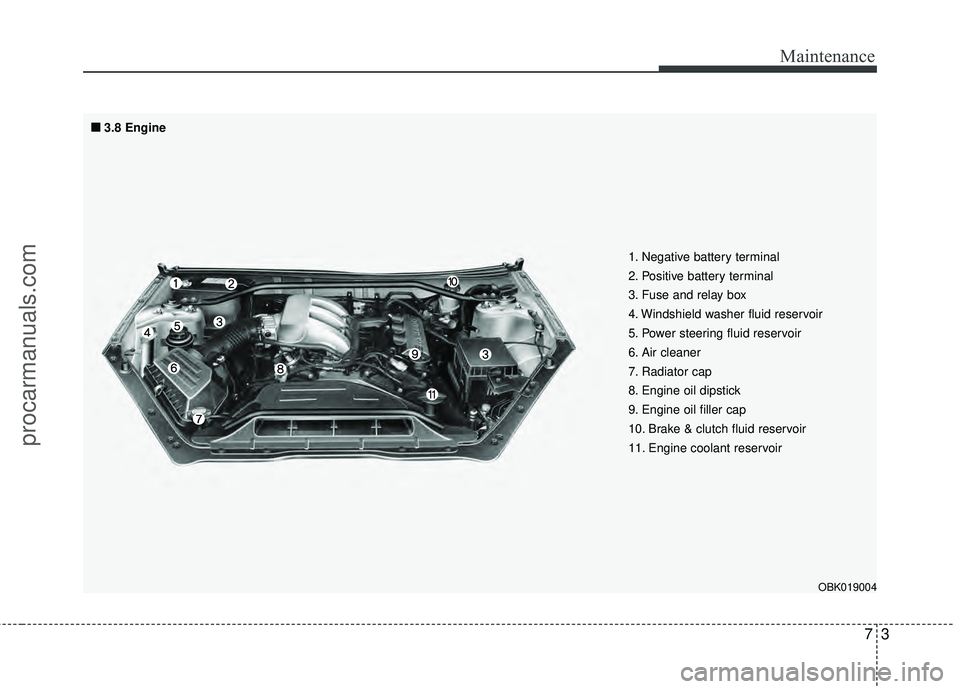HYUNDAI COUPE 2012 Owners Manual 73
Maintenance
1. Negative battery terminal
2. Positive battery terminal
3. Fuse and relay box
4. Windshield washer fluid reservoir
5. Power steering fluid reservoir
6. Air cleaner
7. Radiator cap
8. HYUNDAI COUPE 2012 Owners Manual 73
Maintenance
1. Negative battery terminal
2. Positive battery terminal
3. Fuse and relay box
4. Windshield washer fluid reservoir
5. Power steering fluid reservoir
6. Air cleaner
7. Radiator cap
8.