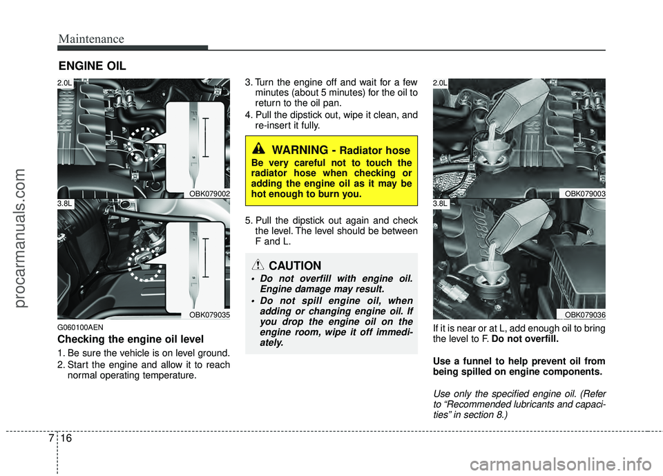 HYUNDAI COUPE 2012  Owners Manual Maintenance
16
7
ENGINE OIL
G060100AEN
Checking the engine oil level  
1. Be sure the vehicle is on level ground.
2. Start the engine and allow it to reach
normal operating temperature. 3. Turn the en
