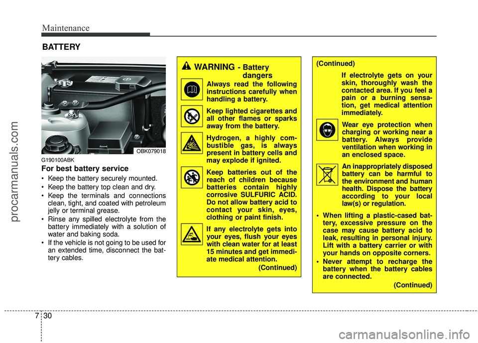 HYUNDAI COUPE 2012  Owners Manual Maintenance
30
7
(Continued)
If electrolyte gets on your
skin, thoroughly wash the
contacted area. If you feel a
pain or a burning sensa-
tion, get medical attention
immediately.Wear eye protection wh