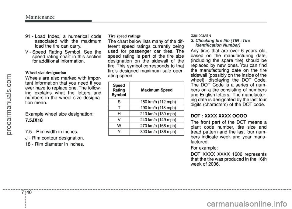 HYUNDAI COUPE 2012  Owners Manual Maintenance
40
7
91 - Load Index, a numerical code
associated with the maximum
load the tire can carry.
V - Speed Rating Symbol. See thespeed rating chart in this section
for additional information.
W
