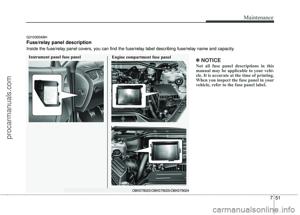 HYUNDAI COUPE 2012  Owners Manual 751
Maintenance
✽
✽NOTICE
Not all fuse panel descriptions in this
manual may be applicable to your vehi-
cle. It is accurate at the time of printing.
When you inspect the fuse panel in your
vehicl