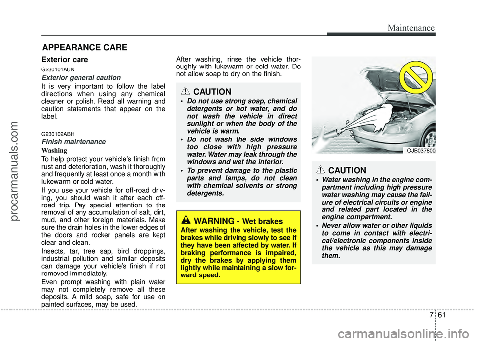 HYUNDAI COUPE 2012  Owners Manual 761
Maintenance
Exterior care
G230101AUN
Exterior general caution 
It is very important to follow the label
directions when using any chemical
cleaner or polish. Read all warning and
caution statement