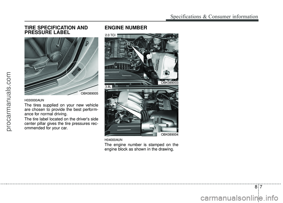 HYUNDAI COUPE 2012  Owners Manual 87
Specifications & Consumer information
TIRE SPECIFICATION AND
PRESSURE LABEL
H030000AUN
The tires supplied on your new vehicle
are chosen to provide the best perform-
ance for normal driving.
The ti