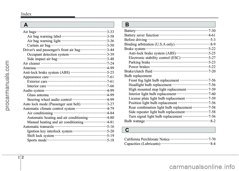 HYUNDAI COUPE 2012  Owners Manual Index
2I
Air bags··················\
··················\
··················\
··················\
··3-33Air bag warning label·