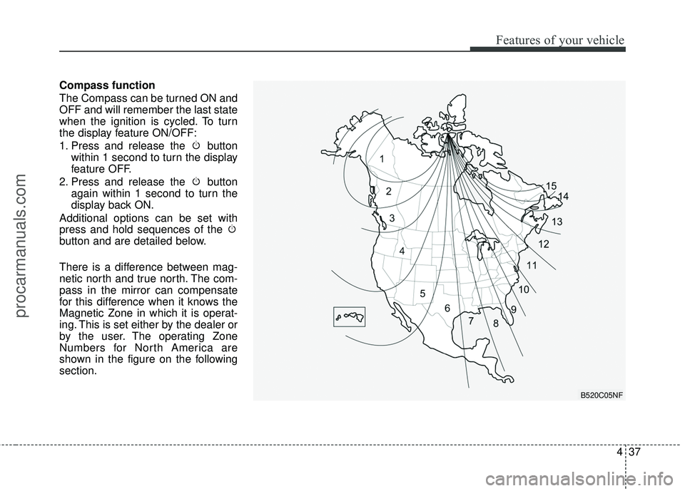 HYUNDAI COUPE 2016  Owners Manual 437
Features of your vehicle
Compass function
The Compass can be turned ON and
OFF and will remember the last state
when the ignition is cycled. To turn
the display feature ON/OFF:
1. Press and releas
