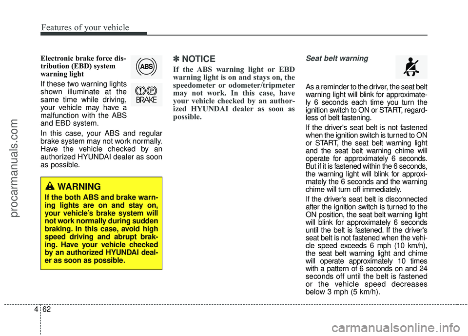 HYUNDAI COUPE 2016 Owners Manual Features of your vehicle
62
4
Electronic brake force dis-
tribution (EBD) system
warning light
If these two warning lights
shown illuminate at the
same time while driving,
your vehicle may have a
malf HYUNDAI COUPE 2016 Owners Manual Features of your vehicle
62
4
Electronic brake force dis-
tribution (EBD) system
warning light
If these two warning lights
shown illuminate at the
same time while driving,
your vehicle may have a
malf