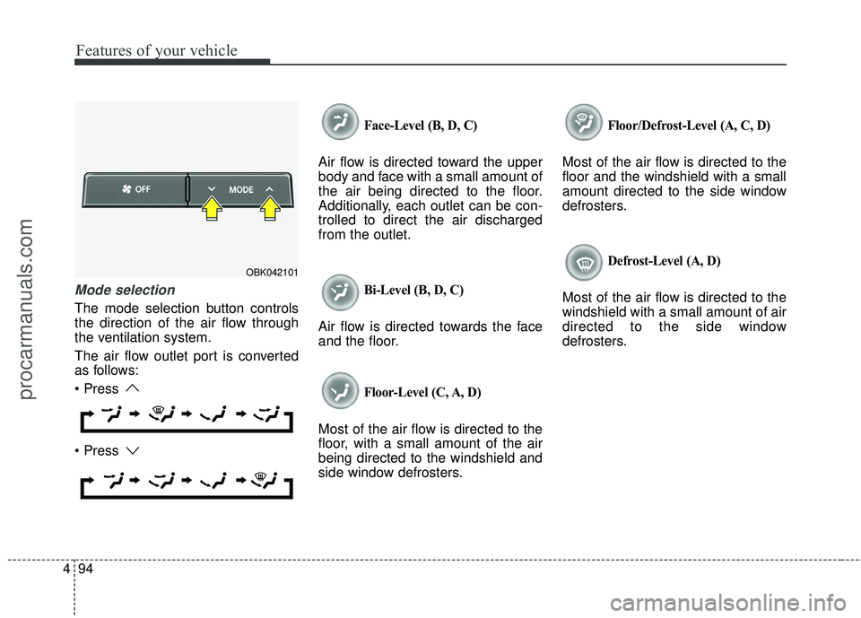 HYUNDAI COUPE 2016 Owners Manual Features of your vehicle
94
4
Mode selection
The mode selection button controls
the direction of the air flow through
the ventilation system.
The air flow outlet port is converted
as follows:
Face-L HYUNDAI COUPE 2016 Owners Manual Features of your vehicle
94
4
Mode selection
The mode selection button controls
the direction of the air flow through
the ventilation system.
The air flow outlet port is converted
as follows:
Face-L