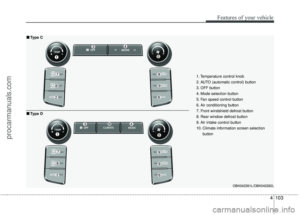 HYUNDAI COUPE 2016  Owners Manual 4103
Features of your vehicle
1. Temperature control knob
2. AUTO (automatic control) button
3. OFF button
4. Mode selection button
5. Fan speed control button
6. Air conditioning button
7. Front wind