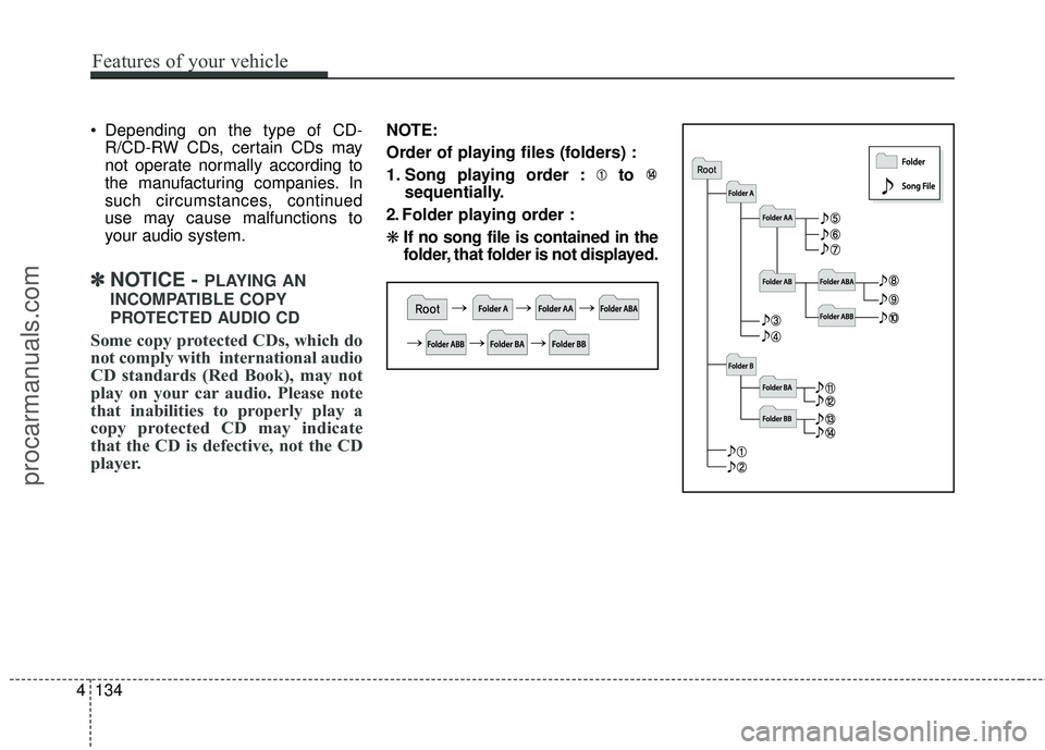 HYUNDAI COUPE 2016 Owners Manual 4134
Features of your vehicle
Depending on the type of CD-R/CD-RW CDs, certain CDs may
not operate normally according to
the manufacturing companies. In
such circumstances, continued
use may cause ma HYUNDAI COUPE 2016 Owners Manual 4134
Features of your vehicle
Depending on the type of CD-R/CD-RW CDs, certain CDs may
not operate normally according to
the manufacturing companies. In
such circumstances, continued
use may cause ma