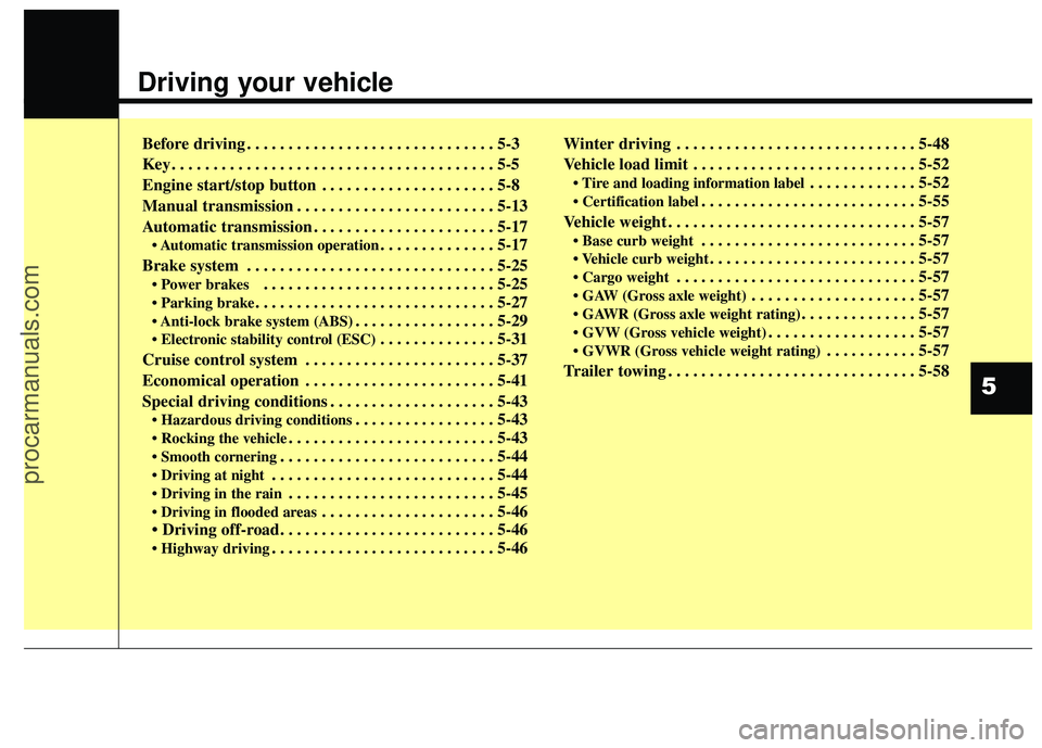 HYUNDAI COUPE 2016  Owners Manual Driving your vehicle  
Before driving . . . . . . . . . . . . . . . . . . . . . . . . . . . . . . 5-3
Key . . . . . . . . . . . . . . . . . . . . . . . . . . . . . . . . . . . . \
. . . 5-5
Engine sta