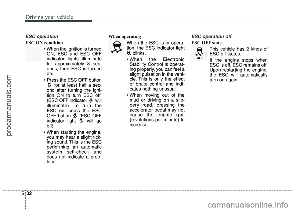 HYUNDAI COUPE 2016 Owners Manual Driving your vehicle
32
5
ESC operation
ESC ON condition
ON, ESC and ESC OFF
indicator lights illuminate
for approximately 3 sec-
onds, then ESC is turned
on.
for at least half a sec-
ond after turni HYUNDAI COUPE 2016 Owners Manual Driving your vehicle
32
5
ESC operation
ESC ON condition
ON, ESC and ESC OFF
indicator lights illuminate
for approximately 3 sec-
onds, then ESC is turned
on.
for at least half a sec-
ond after turni