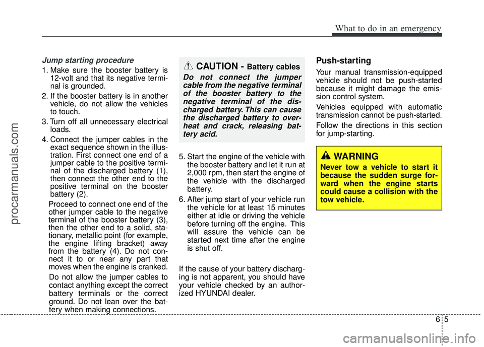 HYUNDAI COUPE 2016 Owners Manual 65
What to do in an emergency
Jump starting procedure
1. Make sure the booster battery is12-volt and that its negative termi-
nal is grounded.
2. If the booster battery is in another vehicle, do not HYUNDAI COUPE 2016 Owners Manual 65
What to do in an emergency
Jump starting procedure
1. Make sure the booster battery is12-volt and that its negative termi-
nal is grounded.
2. If the booster battery is in another vehicle, do not