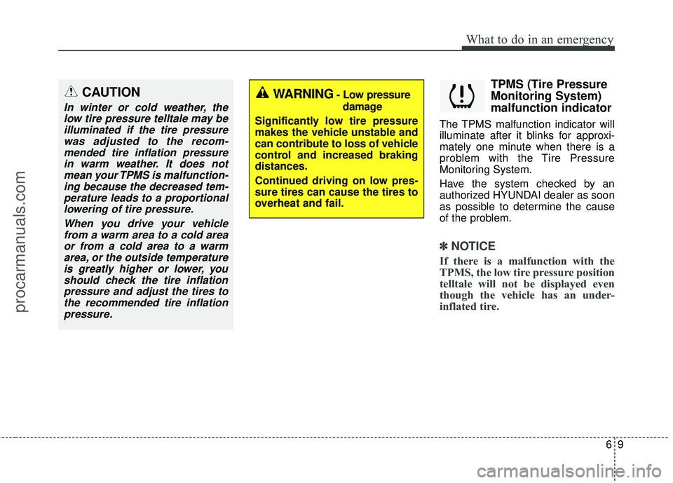 HYUNDAI COUPE 2016 Owners Manual 69
What to do in an emergency
TPMS (Tire Pressure
Monitoring System)
malfunction indicator
The TPMS malfunction indicator will
illuminate after it blinks for approxi-
mately one minute when there is a HYUNDAI COUPE 2016 Owners Manual 69
What to do in an emergency
TPMS (Tire Pressure
Monitoring System)
malfunction indicator
The TPMS malfunction indicator will
illuminate after it blinks for approxi-
mately one minute when there is a