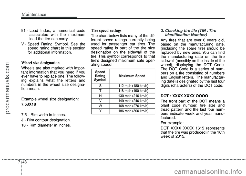 HYUNDAI COUPE 2016 Owners Manual Maintenance
48
7
91 - Load Index, a numerical code
associated with the maximum
load the tire can carry.
V - Speed Rating Symbol. See the speed rating chart in this section
for additional information.
HYUNDAI COUPE 2016 Owners Manual Maintenance
48
7
91 - Load Index, a numerical code
associated with the maximum
load the tire can carry.
V - Speed Rating Symbol. See the speed rating chart in this section
for additional information.