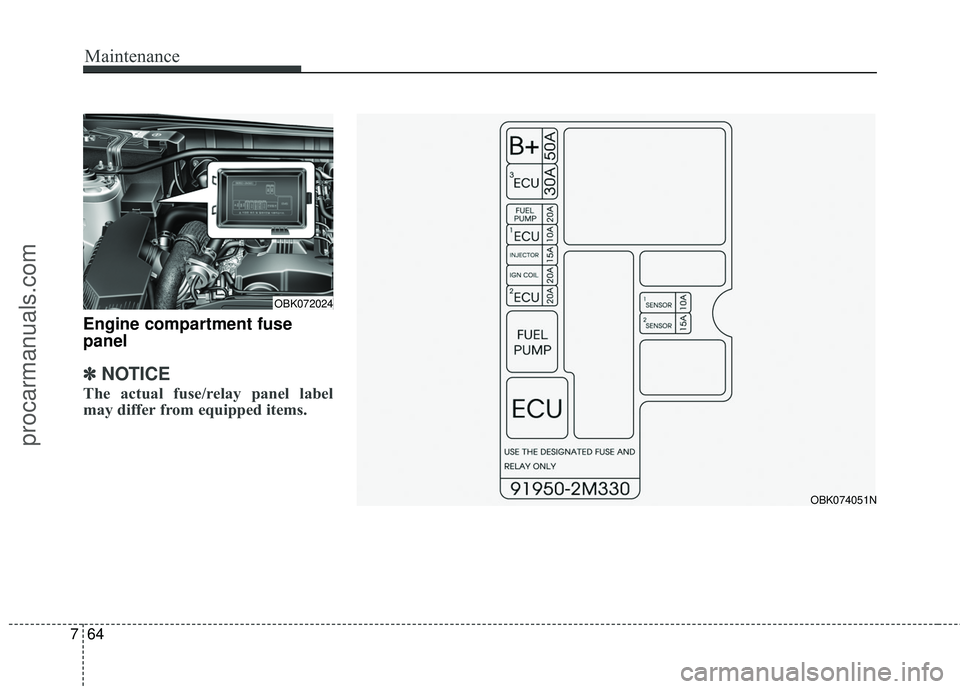 HYUNDAI COUPE 2016 Owners Manual Maintenance
64
7
Engine compartment fuse
panel
✽ ✽
NOTICE
The actual fuse/relay panel label
may differ from equipped items.
OBK072024
OBK074051N
procarmanuals.com HYUNDAI COUPE 2016 Owners Manual Maintenance
64
7
Engine compartment fuse
panel
✽ ✽
NOTICE
The actual fuse/relay panel label
may differ from equipped items.
OBK072024
OBK074051N
procarmanuals.com