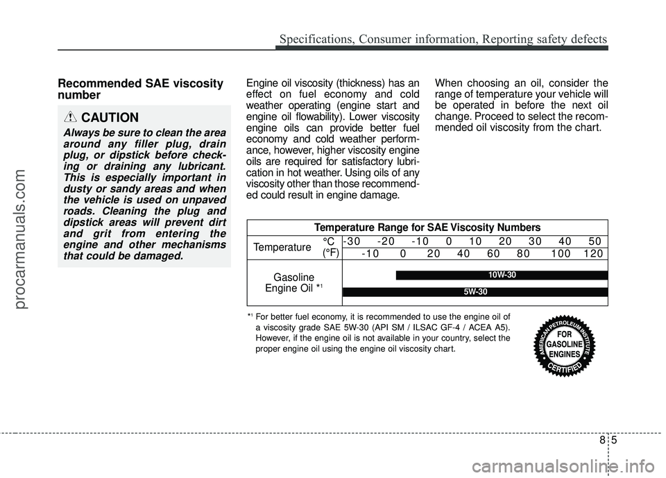HYUNDAI COUPE 2016  Owners Manual Recommended SAE viscosity
number   Engine oil viscosity (thickness) has an
effect on fuel economy and cold
weather operating (engine start and
engine oil flowability). Lower viscosity
engine oils can 
