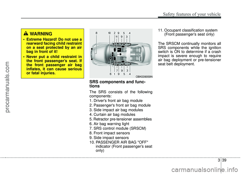 HYUNDAI COUPE 2016 Workshop Manual 339
Safety features of your vehicle
SRS components and func-
tions
The SRS consists of the following
components:
1. Drivers front air bag module
2. Passengers front air bag module
3. Side impact air HYUNDAI COUPE 2016 Workshop Manual 339
Safety features of your vehicle
SRS components and func-
tions
The SRS consists of the following
components:
1. Drivers front air bag module
2. Passengers front air bag module
3. Side impact air