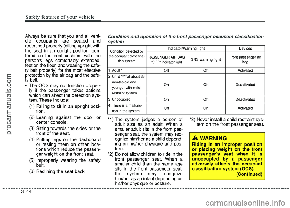HYUNDAI COUPE 2016 Repair Manual Safety features of your vehicle
44
3
Always be sure that you and all vehi-
cle occupants are seated and
restrained properly (sitting upright with
the seat in an upright position, cen-
tered on the sea HYUNDAI COUPE 2016 Repair Manual Safety features of your vehicle
44
3
Always be sure that you and all vehi-
cle occupants are seated and
restrained properly (sitting upright with
the seat in an upright position, cen-
tered on the sea