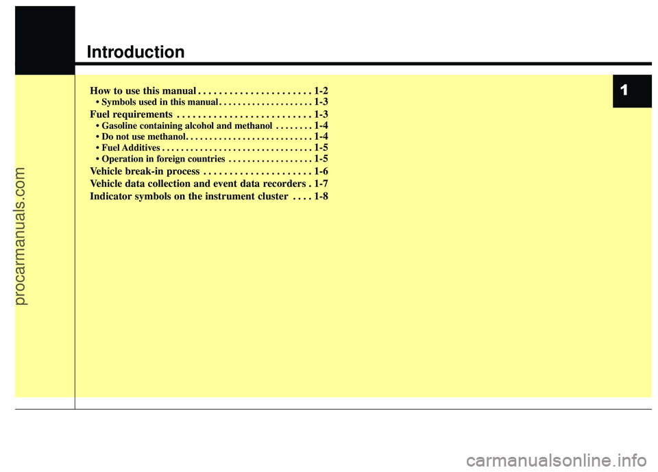 HYUNDAI COUPE 2016  Owners Manual 1
Introduction
How to use this manual . . . . . . . . . . . . . . . . . . . . . . 1-2
• Symbols used in this manual . . . . . . . . . . . . . . . . . . . . 1-3
Fuel requirements . . . . . . . . . . 