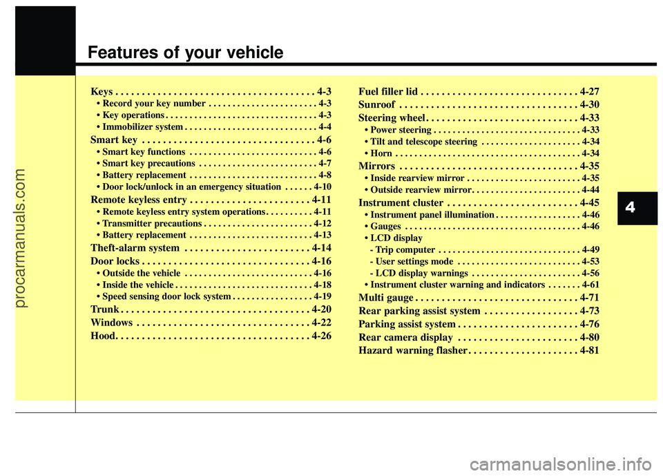 HYUNDAI COUPE 2016  Owners Manual Features of your vehicle
Keys . . . . . . . . . . . . . . . . . . . . . . . . . . . . . . . . . . . . \
. . 4-3
• Record your key number . . . . . . . . . . . . . . . . . . . . . . . 4-3
 . . . . . 