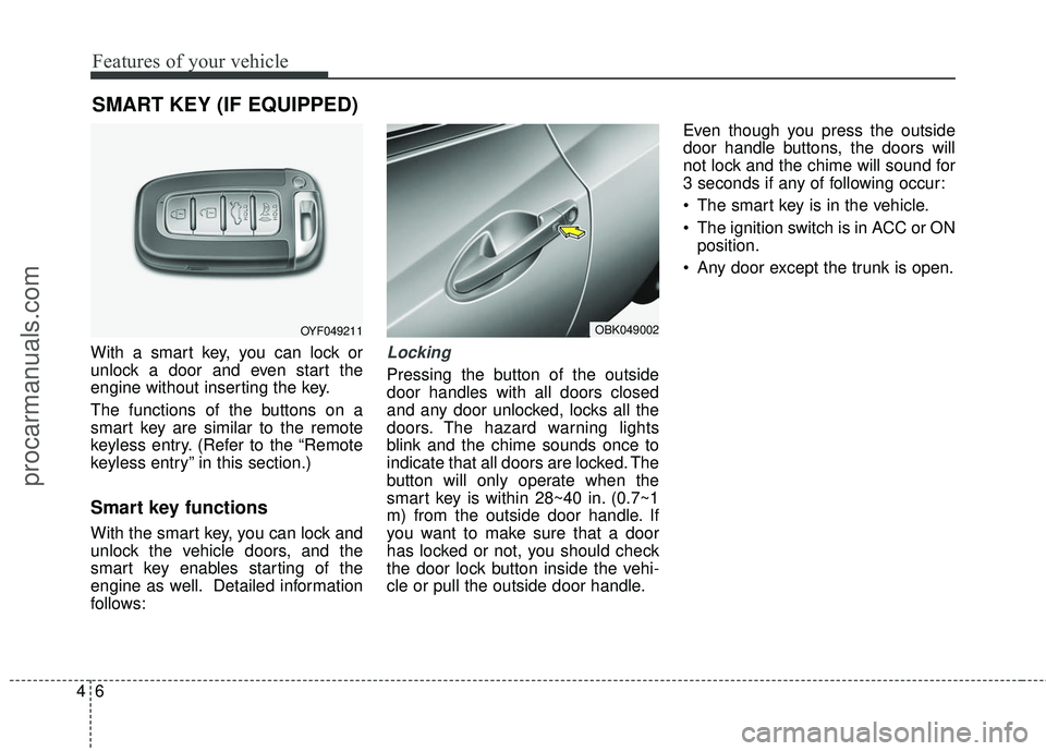 HYUNDAI COUPE 2016  Owners Manual Features of your vehicle
64
SMART KEY (IF EQUIPPED)
With a smart key, you can lock or
unlock a door and even start the
engine without inserting the key.
The functions of the buttons on a
smart key are