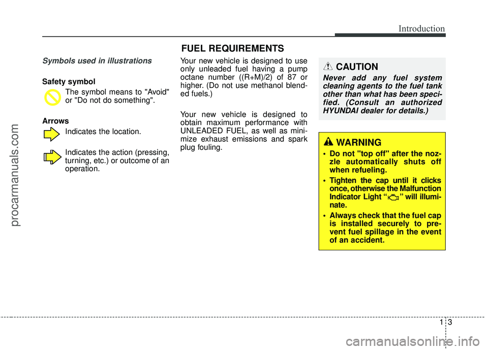 HYUNDAI COUPE 2016  Owners Manual 13
Introduction
Symbols used in illustrations
Safety symbol The symbol means to "Avoid"
or "Do not do something".
Arrows Indicates the location.
Indicates the action (pressing,
turning, etc.) or outco