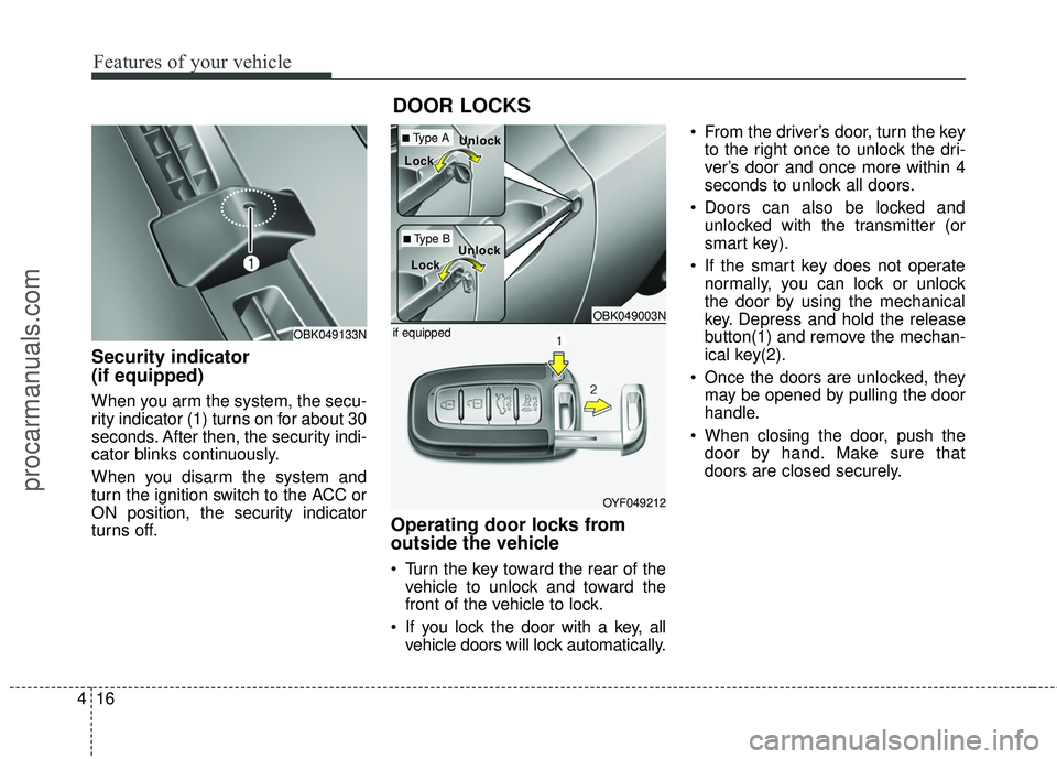 HYUNDAI COUPE 2016  Owners Manual Features of your vehicle
16
4
Security indicator 
(if equipped)
When you arm the system, the secu-
rity indicator (1) turns on for about 30
seconds. After then, the security indi-
cator blinks continu