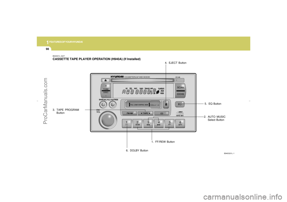 HYUNDAI GX350 L 2005 Owners Manual 1FEATURES OF YOUR HYUNDAI98
B940I01L-GATCASSETTE TAPE PLAYER OPERATION (H940A) (If Installed)
1. FF/REW Button 3. TAPE PROGRAM
Button4. EJECT Button
5. EQ Button
6. DOLBY Button
B940G01L-1
2. AUTO MUS HYUNDAI GX350 L 2005 Owners Manual 1FEATURES OF YOUR HYUNDAI98
B940I01L-GATCASSETTE TAPE PLAYER OPERATION (H940A) (If Installed)
1. FF/REW Button 3. TAPE PROGRAM
Button4. EJECT Button
5. EQ Button
6. DOLBY Button
B940G01L-1
2. AUTO MUS