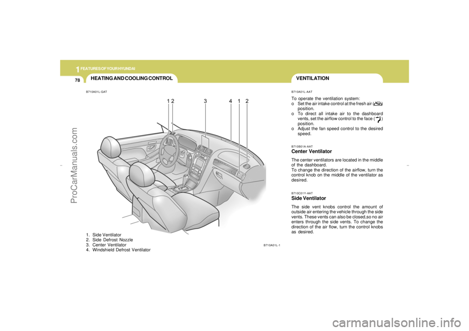 HYUNDAI GX350 L 2005 Manual Online 1FEATURES OF YOUR HYUNDAI78
VENTILATION
HEATING AND COOLING CONTROLB710A01L-GAT1. Side Ventilator
2. Side Defrost Nozzle
3. Center Ventilator
4. Windshield Defrost Ventilator
B710B01A-AATCenter Ventil HYUNDAI GX350 L 2005 Manual Online 1FEATURES OF YOUR HYUNDAI78
VENTILATION
HEATING AND COOLING CONTROLB710A01L-GAT1. Side Ventilator
2. Side Defrost Nozzle
3. Center Ventilator
4. Windshield Defrost Ventilator
B710B01A-AATCenter Ventil