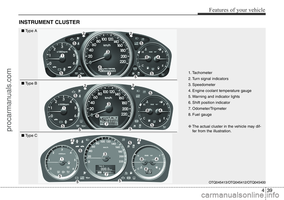 HYUNDAI I800 2016 Owners Manual 439
Features of your vehicle
INSTRUMENT CLUSTER
1. Tachometer
2. Turn signal indicators
3. Speedometer
4. Engine coolant temperature gauge
5. Warning and indicator lights
6. Shift position indicator
7 HYUNDAI I800 2016 Owners Manual 439
Features of your vehicle
INSTRUMENT CLUSTER
1. Tachometer
2. Turn signal indicators
3. Speedometer
4. Engine coolant temperature gauge
5. Warning and indicator lights
6. Shift position indicator
7