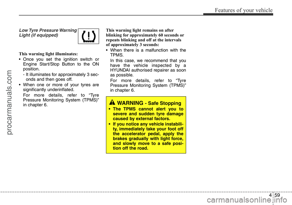 HYUNDAI I800 2016 Owners Manual 459
Features of your vehicle
Low Tyre Pressure Warning
Light (if equipped)
This warning light illuminates:
• Once you set the ignition switch or
Engine Start/Stop Button to the ON
position.
- It il HYUNDAI I800 2016 Owners Manual 459
Features of your vehicle
Low Tyre Pressure Warning
Light (if equipped)
This warning light illuminates:
• Once you set the ignition switch or
Engine Start/Stop Button to the ON
position.
- It il