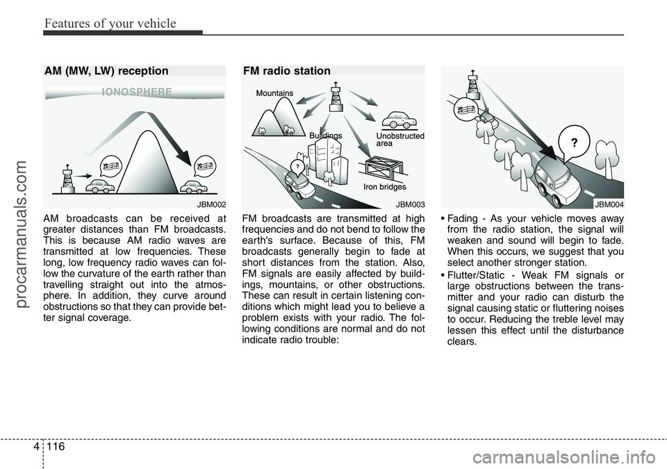 HYUNDAI I800 2016 Owners Manual Features of your vehicle
116 4
AM broadcasts can be received at
greater distances than FM broadcasts.
This is because AM radio waves are
transmitted at low frequencies. These
long, low frequency radio HYUNDAI I800 2016 Owners Manual Features of your vehicle
116 4
AM broadcasts can be received at
greater distances than FM broadcasts.
This is because AM radio waves are
transmitted at low frequencies. These
long, low frequency radio