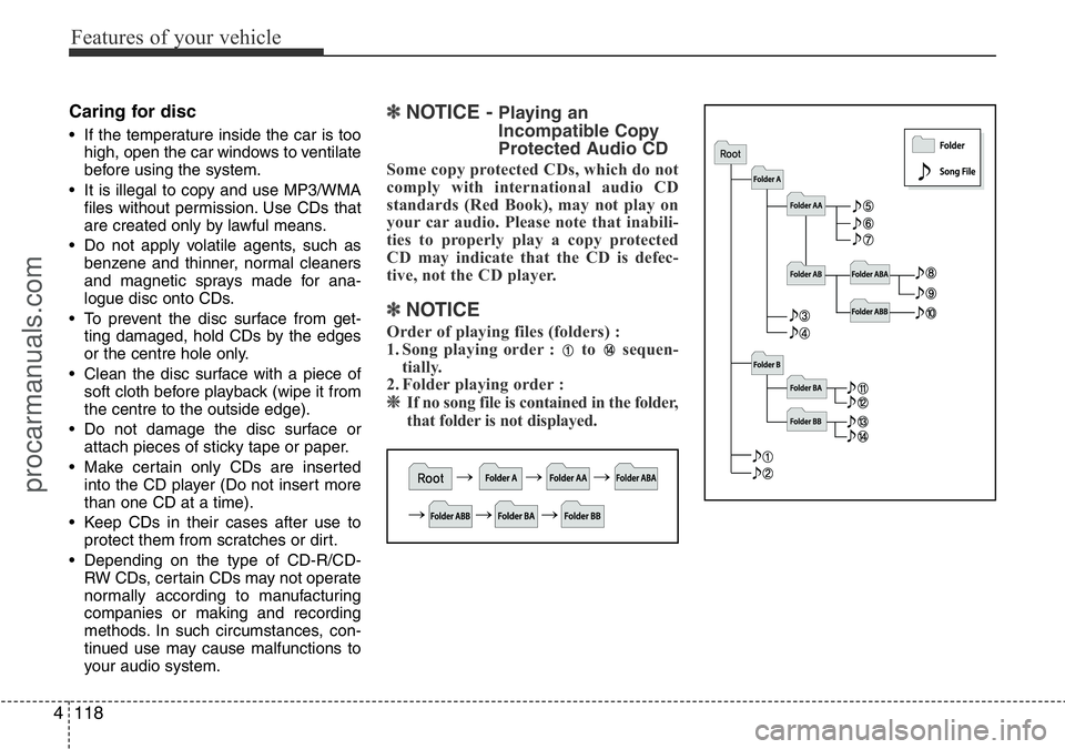 HYUNDAI I800 2016 Owners Manual Features of your vehicle
118 4
Caring for disc
• If the temperature inside the car is too
high, open the car windows to ventilate
before using the system.
• It is illegal to copy and use MP3/WMA
f HYUNDAI I800 2016 Owners Manual Features of your vehicle
118 4
Caring for disc
• If the temperature inside the car is too
high, open the car windows to ventilate
before using the system.
• It is illegal to copy and use MP3/WMA
f