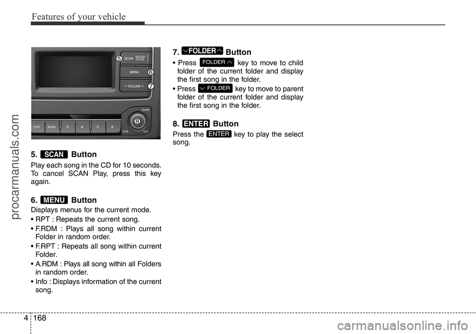 HYUNDAI I800 2016 Owners Manual Features of your vehicle
168 4
5. Button
Play each song in the CD for 10 seconds.
To cancel SCAN Play, press this key
again.
6. Button
Displays menus for the current mode.
• RPT : Repeats the curren HYUNDAI I800 2016 Owners Manual Features of your vehicle
168 4
5. Button
Play each song in the CD for 10 seconds.
To cancel SCAN Play, press this key
again.
6. Button
Displays menus for the current mode.
• RPT : Repeats the curren