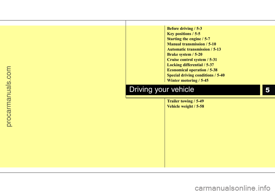HYUNDAI I800 2016 Owners Manual 5
Before driving / 5-3
Key positions / 5-5
Starting the engine / 5-7
Manual transmission / 5-10
Automatic transmission / 5-13
Brake system / 5-20
Cruise control system / 5-31
Locking differential / 5- HYUNDAI I800 2016 Owners Manual 5
Before driving / 5-3
Key positions / 5-5
Starting the engine / 5-7
Manual transmission / 5-10
Automatic transmission / 5-13
Brake system / 5-20
Cruise control system / 5-31
Locking differential / 5-