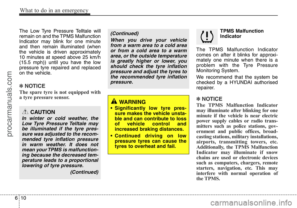 HYUNDAI I800 2016  Owners Manual What to do in an emergency
10 6
The Low Tyre Pressure Telltale will
remain on and the TPMS Malfunction
Indicator may blink for one minute
and then remain illuminated (when
the vehicle is driven approx