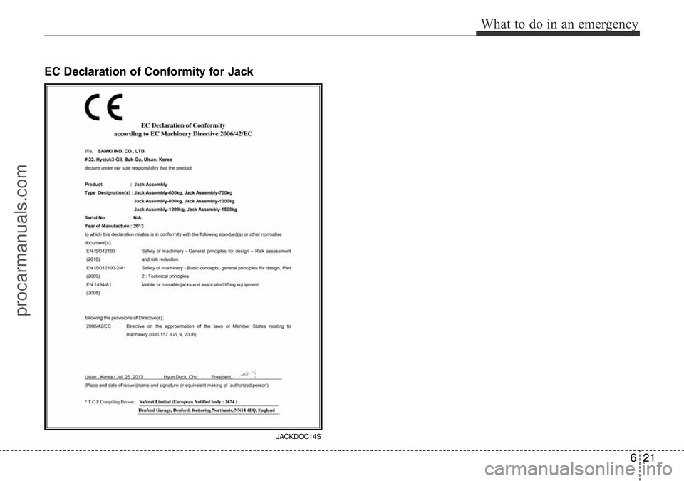 HYUNDAI I800 2016  Owners Manual 621
What to do in an emergency
EC Declaration of Conformity for Jack
JACKDOC14S
procarmanuals.com 