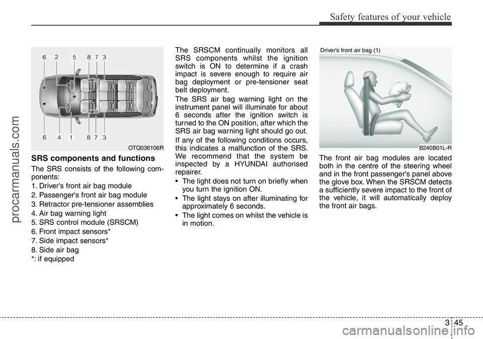 HYUNDAI I800 2016  Owners Manual 345
Safety features of your vehicle
SRS components and functions
The SRS consists of the following com-
ponents:
1. Driver's front air bag module
2. Passenger's front air bag module
3. Retract