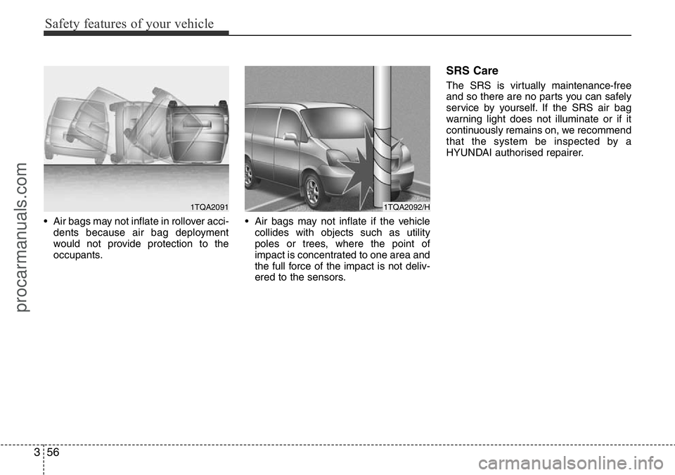 HYUNDAI I800 2016  Owners Manual Safety features of your vehicle
56 3
• Air bags may not inflate in rollover acci-
dents because air bag deployment
would not provide protection to the
occupants.• Air bags may not inflate if the v