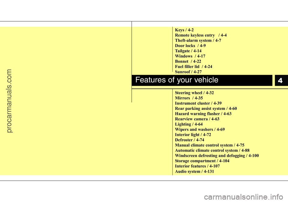 HYUNDAI I800 2016  Owners Manual 4
Keys / 4-2
Remote keyless entry   / 4-4
Theft-alarm system / 4-7
Door locks  / 4-9
Tailgate / 4-14
Windows  / 4-17
Bonnet  / 4-22
Fuel filler lid  / 4-24
Sunroof / 4-27
Steering wheel / 4-32
Mirrors