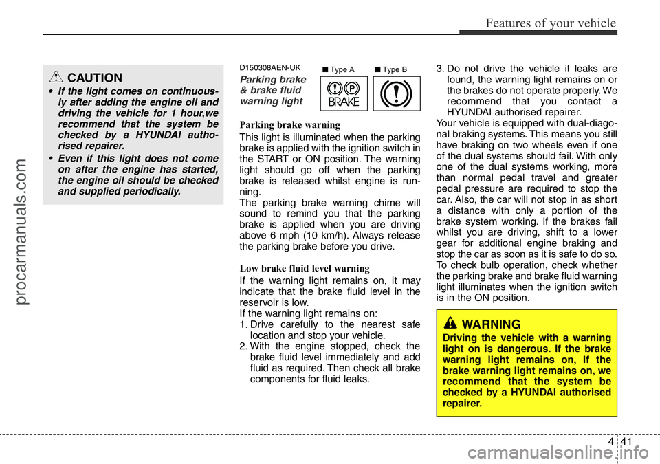 HYUNDAI I800 2015  Owners Manual 441
Features of your vehicle
D150308AEN-UK
Parking brake
& brake fluid
warning light
Parking brake warning 
This light is illuminated when the parking
brake is applied with the ignition switch in
the 