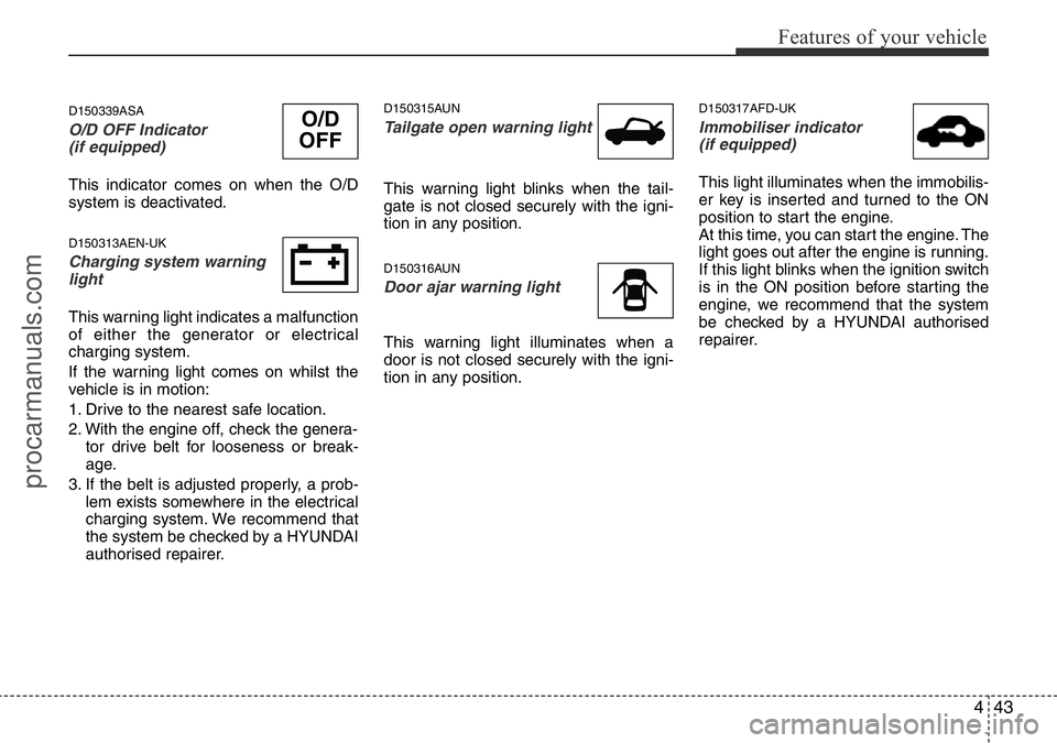 HYUNDAI I800 2015  Owners Manual 443
Features of your vehicle
D150339ASA
O/D OFF Indicator  
(if equipped)
This indicator comes on when the O/D
system is deactivated.
D150313AEN-UK
Charging system warning
light
This warning light ind